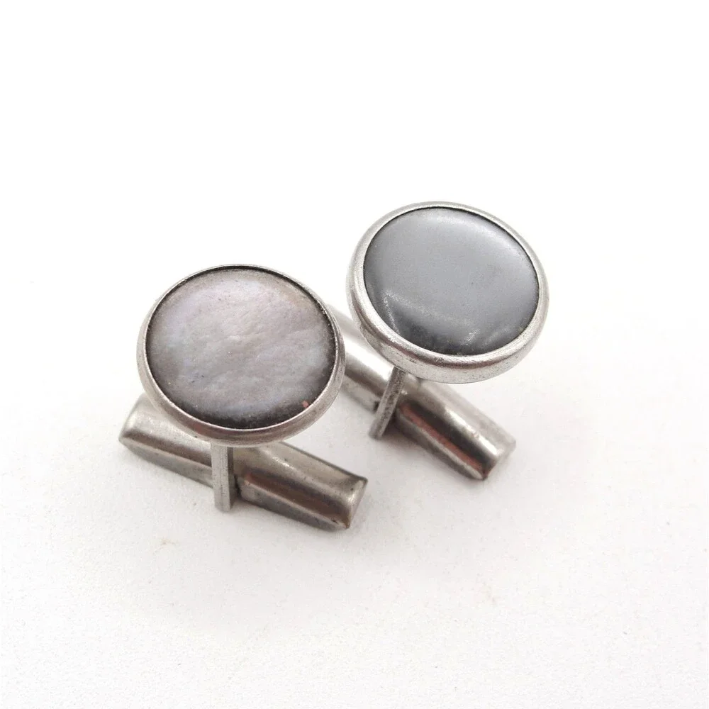 Vintage Round Grey Mother of Pearl Silver Tone Cufflinks MCM Estate Jewelry